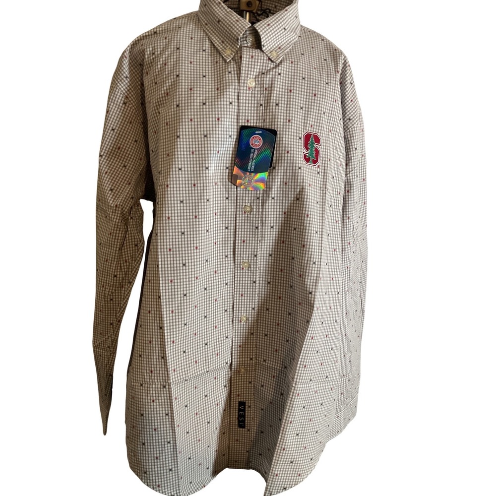 VESI Sportswear Mens Button Up‎ Shirt Stanford Cardinal S Logo Gingham Plaid